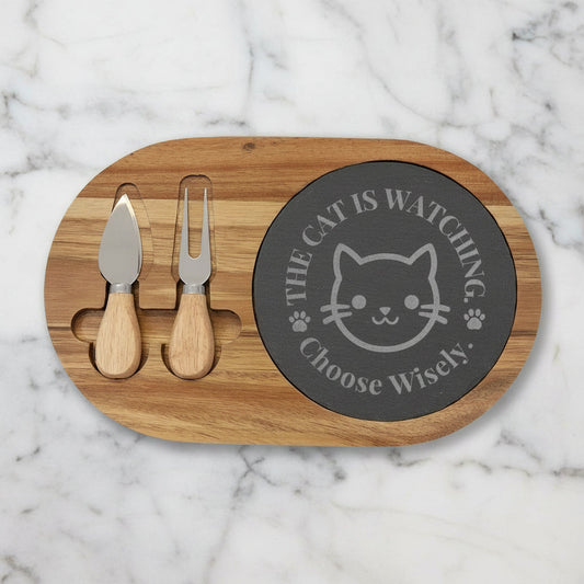 Engraved Cat Charcuterie Board — The Cat Is Watching, Choose Wisely