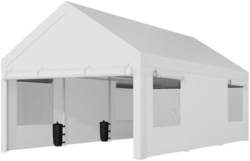 Shintenchi Portable Garage Canopy,10x20 FT Heavy-Duty Design Carport,Carport Canopy with Side-Opening Removable Door & Roll-Up Window,Portable Car Port for Car, Truck, Boat,White