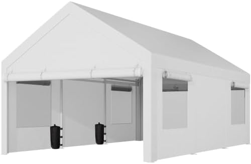 Shintenchi Portable Garage Canopy,12x20 FT Heavy-Duty Design Carport,Carport Canopy with Side-Opening Removable Door & Roll-Up Window,Portable Car Port for Car, Truck, Boat,White