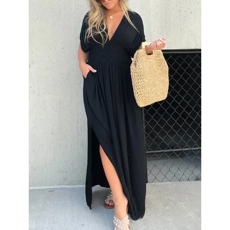 Bat-sleeved V-neck Slit  Elastic Waist Long Dress