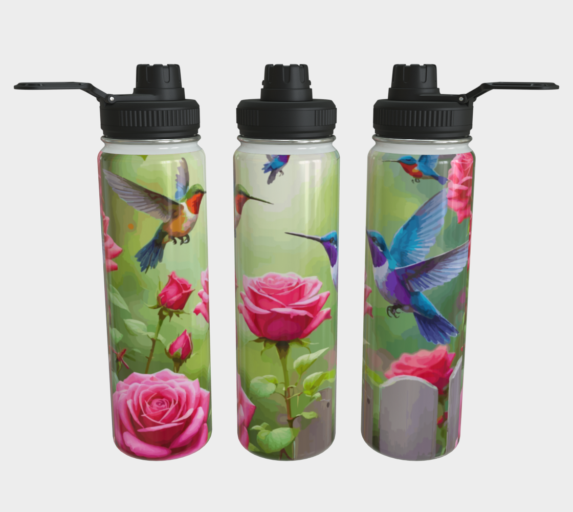 Hummingbirds and Pink Roses 24 oz Stainless Steel Water Bottle with Twist-off Cap