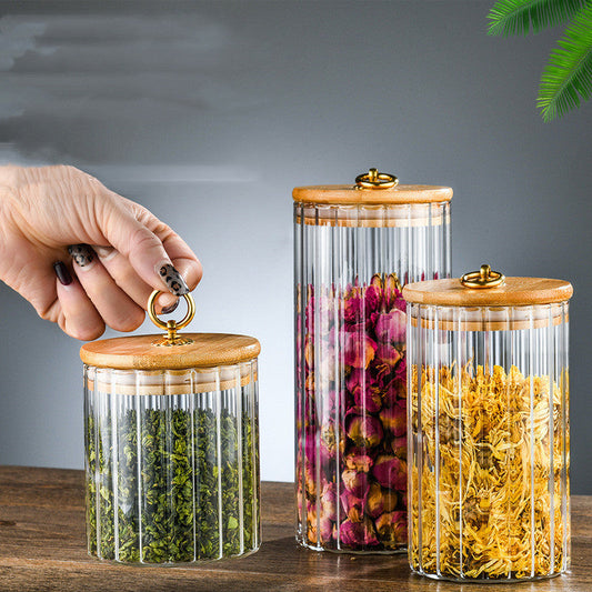 Wooden Lidded Striped Tea And Snacks Storage Jar