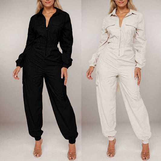 Flip Pocket Elastic Waist-tightening Zipper Jumpsuit