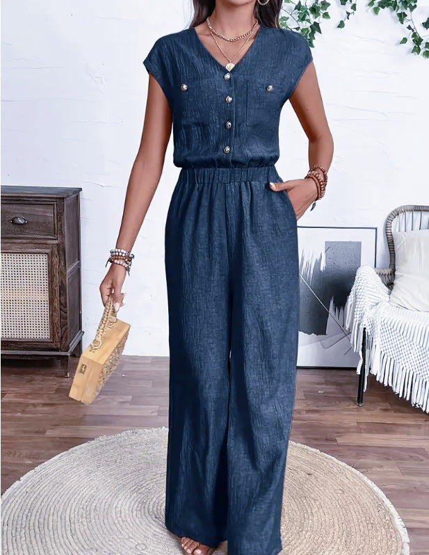 All-matching V-neck Buttons Elastic Waistband Slimming Temperament Jumpsuit