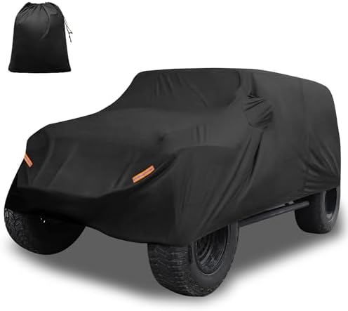 X AUTOHAUX Car Cover for Jeep Wrangler JK JL YJ TJ 4 Door 2007-2021 Outdoor Waterproof Sun Rain Dust Wind Snow Protection w/Driver Door Zipper Black