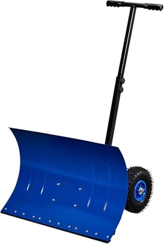 TUFFIOM Snow Pusher Shovel for Driveway with Wheels, 29"/39" Wide Heavy Duty Push Snow Plow Shovel, Wheeled Rolling Snow Shovels for Removal Adjustable Angle & Height Handle (Klein Blue(29 inch))