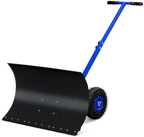 VINGLI Snow Pusher Shovel with Wheels, 29" Adjustable Ergonomic T-Handle Snow Plow for Driveway, Heavy Duty Wheeled Rolling Shovels for Snow Removal, Angle Adjustable (Black & Blue)