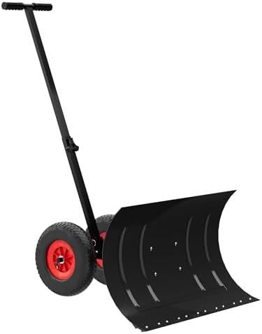 Large Black Wheeled Snow Shovel for Driveway - Heavy Duty Adjustable Snow Pusher with 5-Position Angle & Height Handle - Ergonomic Design for Back-Save Effort Snow Removal, 30" W x 18" H
