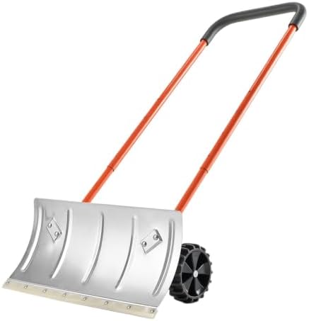 Snow Pusher Shovel with Wheels, 24-Inch Metal Plow for Driveways