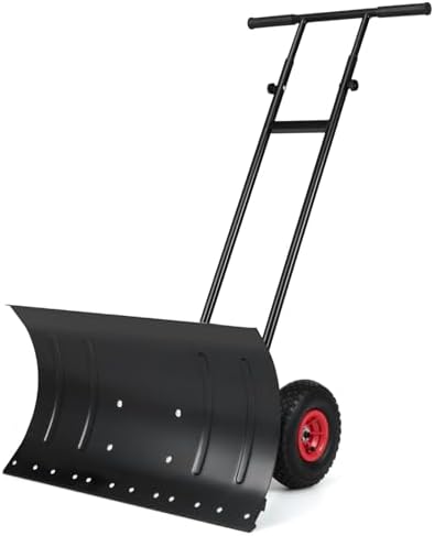 Goplus 29"x16" Snow Pusher, Snow Shovel with Wheels for Doorway, Sidewalk