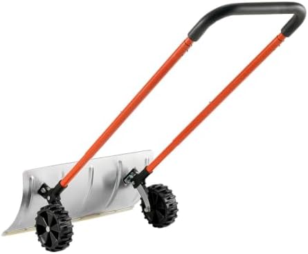 Snow Pusher Shovel with Wheels, 24-Inch Metal Plow for Driveways