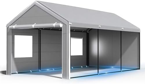 Reinforced 10x20 Carport, Wind-Resistant Canopy with Sidewalls & Doors