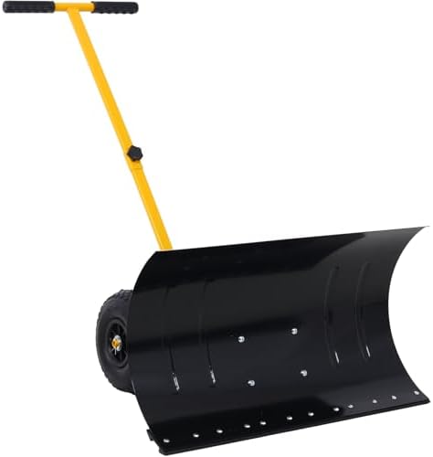 Snow Shovel with Wheels, Heavy Duty Metal Snow Shovels Snow Pusher with 29" Blade 10" Wheels Adjustable Angle & Height Cushioned Handle Snow Plow Shovel for Driveway Snow Removal, Yellow