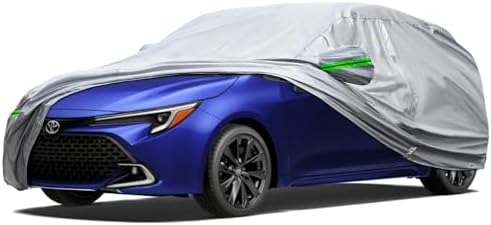 6-Layer Full Car Cover is All-Weather Waterproof, All Seasons, Snow Prevention Rainproof, Acid Rainproof, Sunscreen, Ultraviolet-Proof, Fits Hatchbacks up to 173 ", Green Reflective Strip