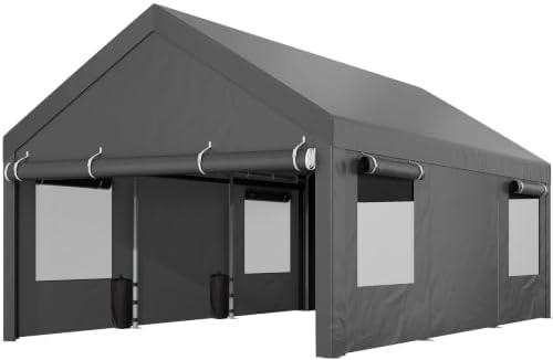 Shintenchi 12x20 FT Heavy-Duty Design Carport,Portable Garage Canopy,Carport Canopy with Side-Opening Removable Door & Roll-Up Window,Portable Car Port for Car, Truck, Boat,Grey
