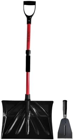PLEXON Snow Shovel for Driveway Car with Ice Chopper - Ergonomic Collapsible Lightweight Folding Fiberglass Snow Pusher for Snow Removal and Breaking Ice - 18" Width 47", Black, Red