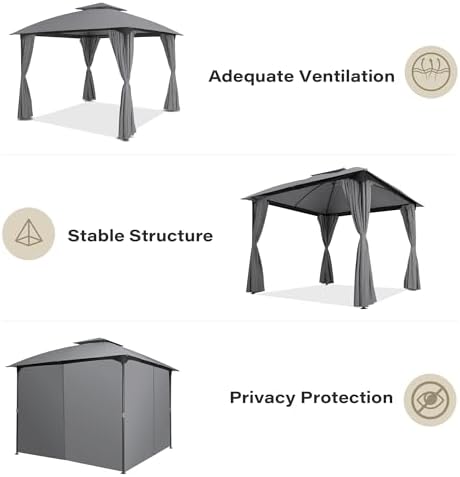 LAUSAINT HOME 10'x10' Patio Arc Gazebo, Outdoor Canopy Tent with Curved Roof Design, Double Tier Top, Privacy Curtains & Wind-Resistant Ropes, Backyard Garden Lawn, Gray
