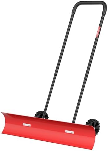 38 Inch Snow Shovel for Driveway, Brewin SnowPro Bi-Direction Heavy Duty Snow Pusher with Wheels and Angled Blade for Efficient Snow Removal, Back Saver Snow Plow for Doorway Sidewalk