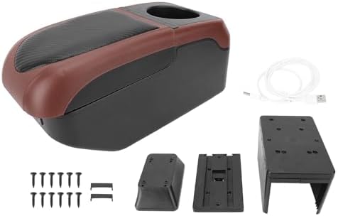 Universal Car Armrest Box with 5 USB ports and 1 Type-C port Double Layer Car Organizers and Storage Car Arm Rest Console Organizer for SUV Truck Car (Brown)