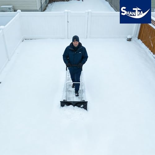 SHANTRA Snow Shovel with Wheels for Driveway, Heavy-Duty Snow Shovel Pusher with 26" x 13" Large Blade for Efficient Snow Removal, Adjustable Handle, U-Shaped Handle, Back Saver Snow Plow for Doorway