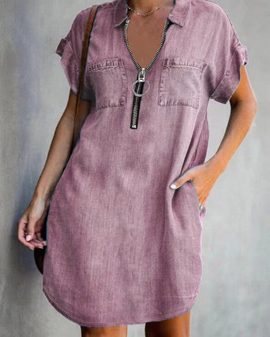 European And American Lapel Short Sleeve Loose Dress Denim Shirt