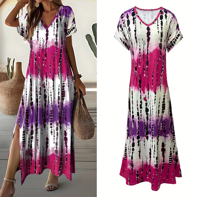 Women's Summer Tie Dye Short Sleeve V-neck Casual Loose Maxi Dress