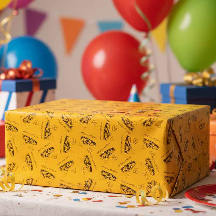 Zoomies Road Trip Cat Wrapping Paper – Golden Sketch Gift Wrap with Racing Cat Design