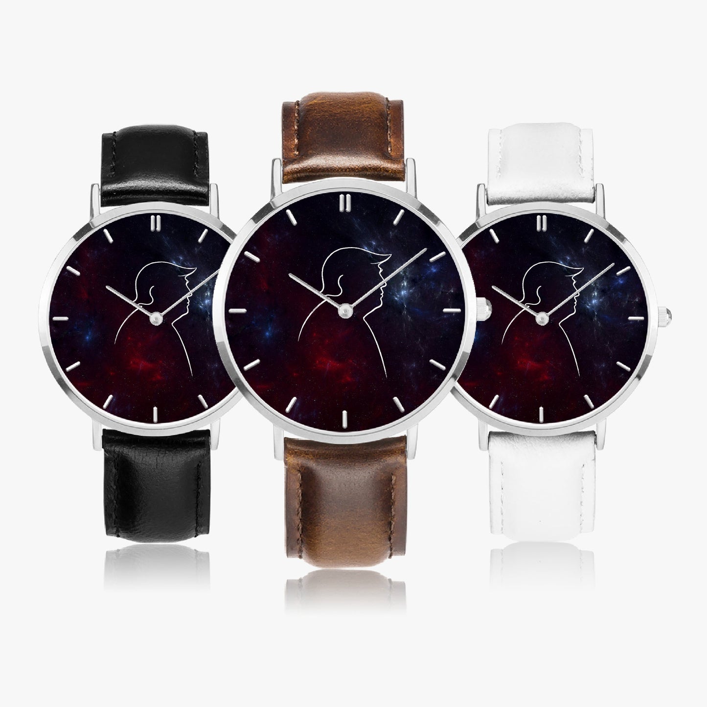 Cosmic Profile Watch – Galaxy Line Art Unisex Leather Band Timepiece