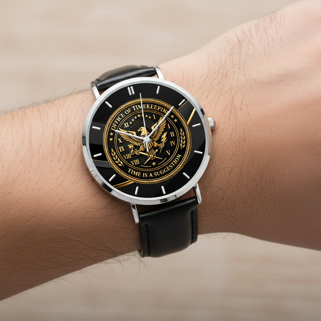 Office of Timekeeping Leather Strap Watch – “Time Is A Suggestion” Emblem – Unisex Gold & Black Dial