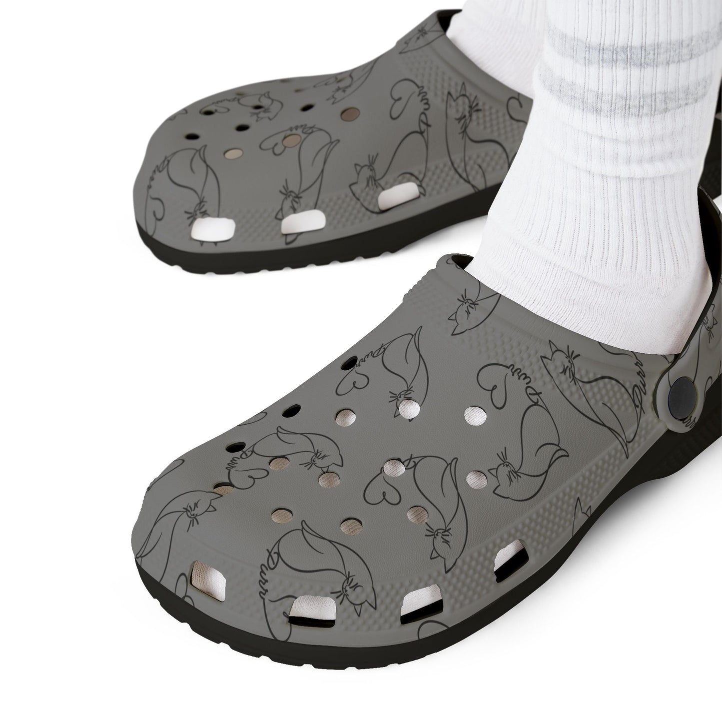 Minimalist Cat Line Art EVA Clogs – Grey All-Over Print Slip-Ons