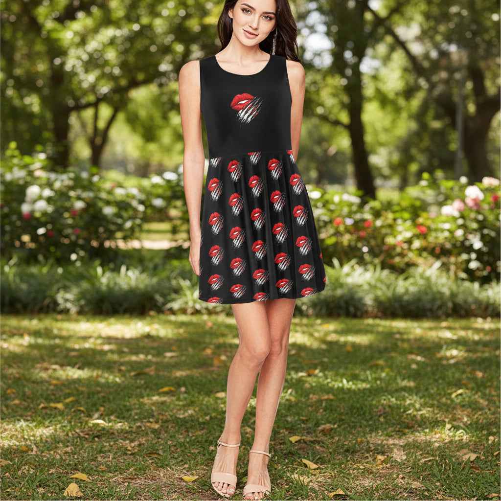 Kiss & Claw Skater Dress – Red Lips & Slash Print A-Line Dress (Unbothered Energy Edition)