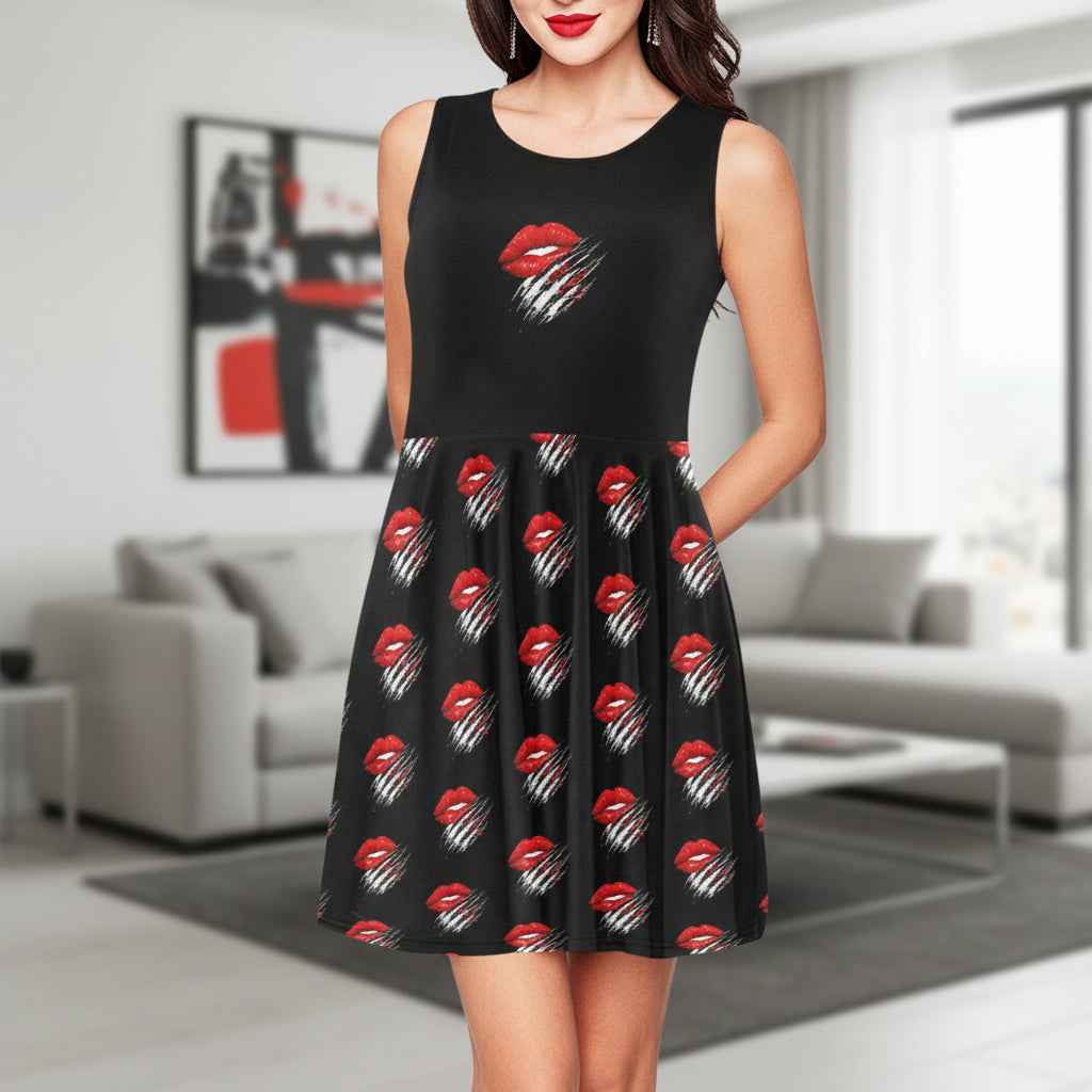 Kiss & Claw Skater Dress – Red Lips & Slash Print A-Line Dress (Unbothered Energy Edition)