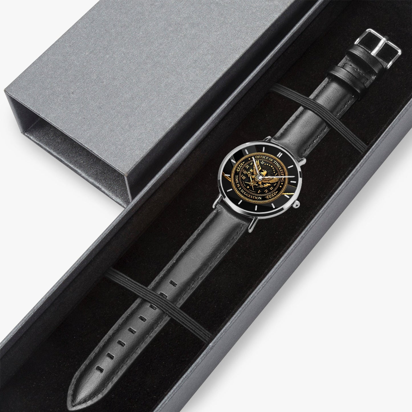 Office of Timekeeping Leather Strap Watch – “Time Is A Suggestion” Emblem – Unisex Gold & Black Dial