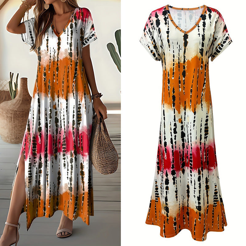 Women's Summer Tie Dye Short Sleeve V-neck Casual Loose Maxi Dress