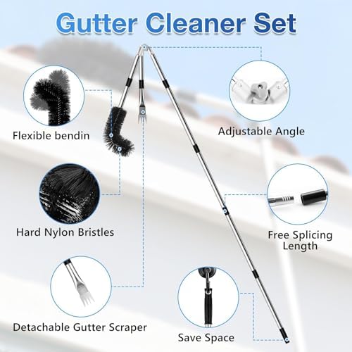 13.12FT Adjustable Gutter Cleaning Tool with Replaceable Brush Rake Scoop