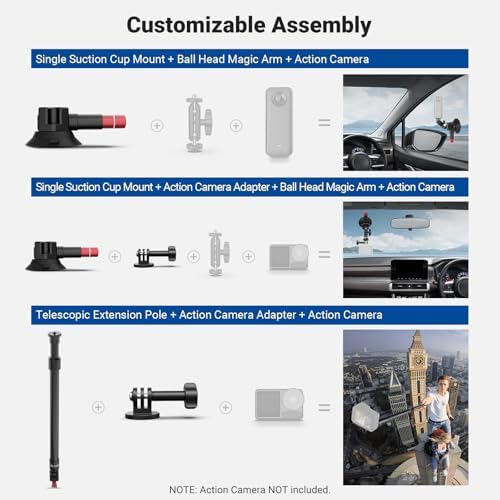 NEEWER Triple Suction Cup Car Mount Kit, Two 24" Aluminum Alloy Extension Poles, NATO Rail, Action Camera Adapter Compatible with GoPro DJI Insta 360, Max Load 2.2 lb, CA166