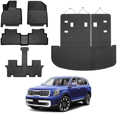 Powerty Floor Mats for 2020-2025 Kia Telluride 7/8 Passenger Car Mats Accessories, All Weather 3D TPE Anti-Slip Trunk Cargo Liner Seat Back Covers Protectors Full Set Car Accessories