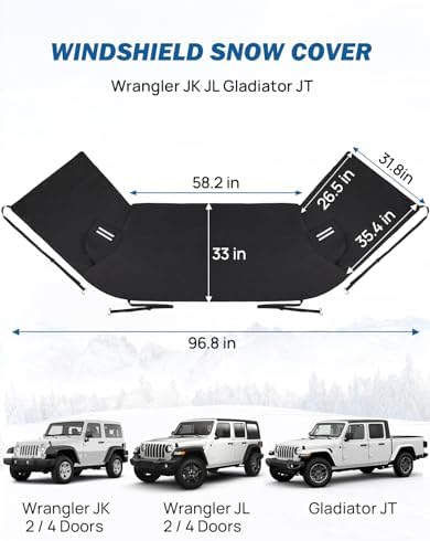 JOYTUTUS Windshield Cover for Ice and Snow, Compatible with Wrangler JK JL 2007-2026 & Gladiator JT 2020-2026, Waterproof Windshield Snow Cover with Side Mirror Covers and Anti-Theft Design