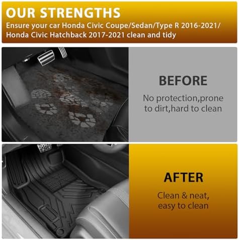 Powerty Floor Mats for 2016-2021 Honda Civic Coupe/Sedan/Type R, 2017-2021 Honda Civic Hatchback All Weather 3D TPE Anti-Slip Car Liners for 1st & 2nd Row Accessories