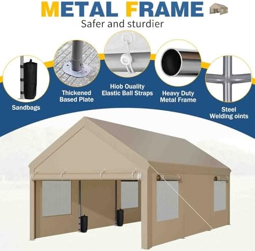 JAMFLY 10x20 ft Heavy Duty Portable Carport Garage, Camel