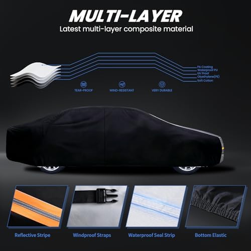 Multi-Layer Sedan Car Cover Custom Fit for Cadillac DeVille(1960-1980), 100% Waterproof All Weather for Automobiles, Gift with Towel, Heavy Duty Car Covers for Rain Sun UV Protection with Door Zipper.