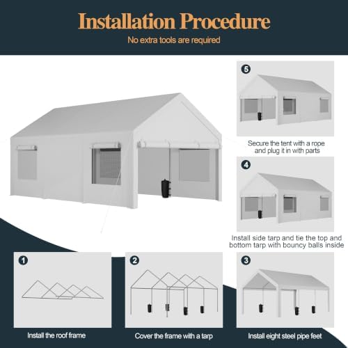 Shintenchi Portable Garage Canopy,12x20 FT Heavy-Duty Design Carport,Carport Canopy with Side-Opening Removable Door & Roll-Up Window,Portable Car Port for Car, Truck, Boat,White