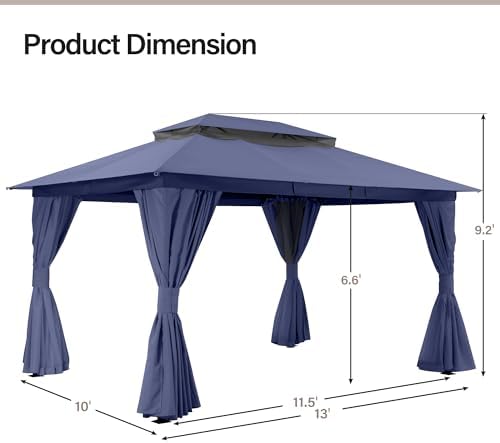 LAUSAINT HOME 10x13 Gazebo Canopy with Netting, Curtains & Double Roof