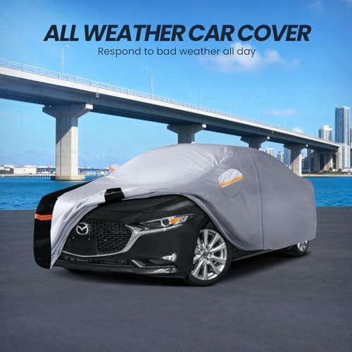 Multi-Layer Car Cover Custom Fit for Mazda 3 Sedan (2003-2026), 100% Waterproof All Weather for Automobiles, Gift with Towel, Heavy Duty Car Covers for Rain Sun UV Protection with Door Zipper.