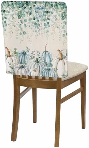 Fall Pumpkin Chair Back Covers Set of 6 Thanksgiving Sage Green Eucalyptus Leaves Watercolor Linen Texture Washable Removable Chair Cover Slipcover Protector for Dining Room Hotel Party Holiday Decor