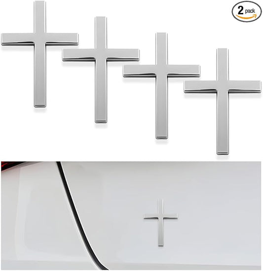 DXNQ 4PCS Metal Jesus Christ Cross Badge Stickers, 2.5"×1.8" Alloy 3D Individual Car Cross Sticker, Self Adhesive Scratch Covering Cross Emblem Decal for Car Body Fender Tail (Silver)
