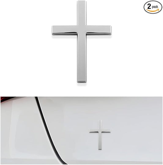 DXNQ Metal Jesus Christ Cross Badge Stickers, 2.5"×1.8" Alloy 3D Individual Car Cross Sticker, Self Adhesive Scratch Covering Cross Emblem Decal for Car Body Fender Tail (Silver)