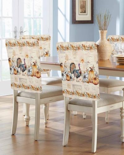 Thanksgiving Turkey Chair Back Covers Set of 8 Pumpkin Fall Pumpkins Maple Leaf Sunflower Rustic Washable Removable Chair Cover Slipcover Protector for Dining Room Hotel Party Holiday Decor