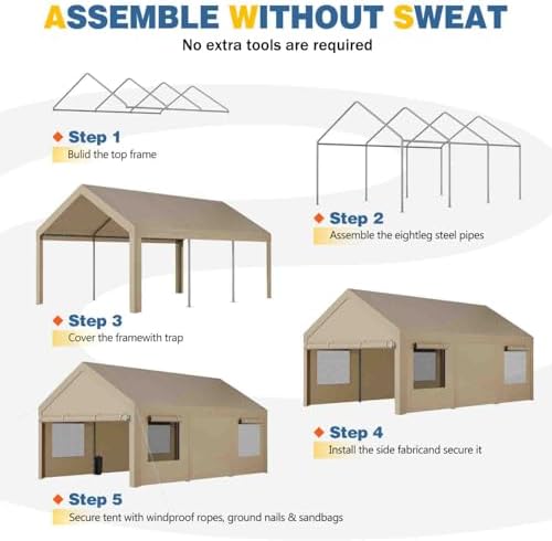 JAMFLY 10x20 ft Heavy Duty Portable Carport Garage, Camel
