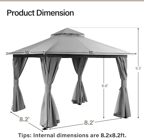 LAUSAINT HOME 10x10 Gazebo with Lights, Netting, Curtains & Double Roof